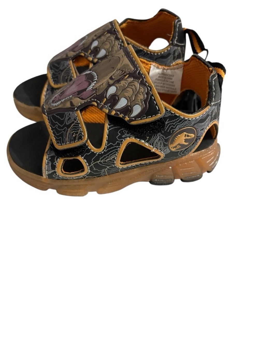 Jurassic World kids Dinosaur Sandals - Black, Brown and Orange. Size 7.